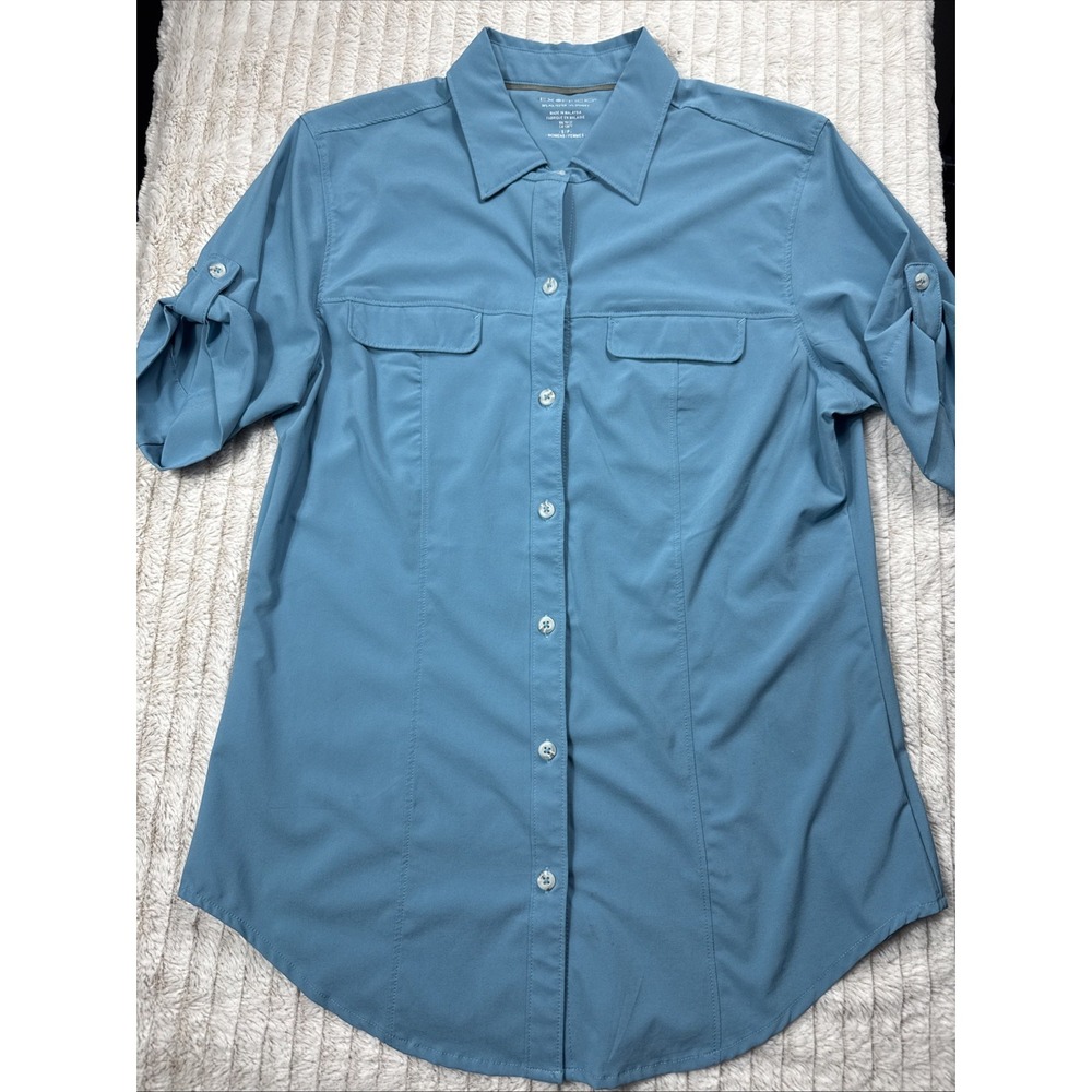ExOfficio Women's Small Blue Short Sleeve Button Up Shirt Nylon Outdoor Hiking